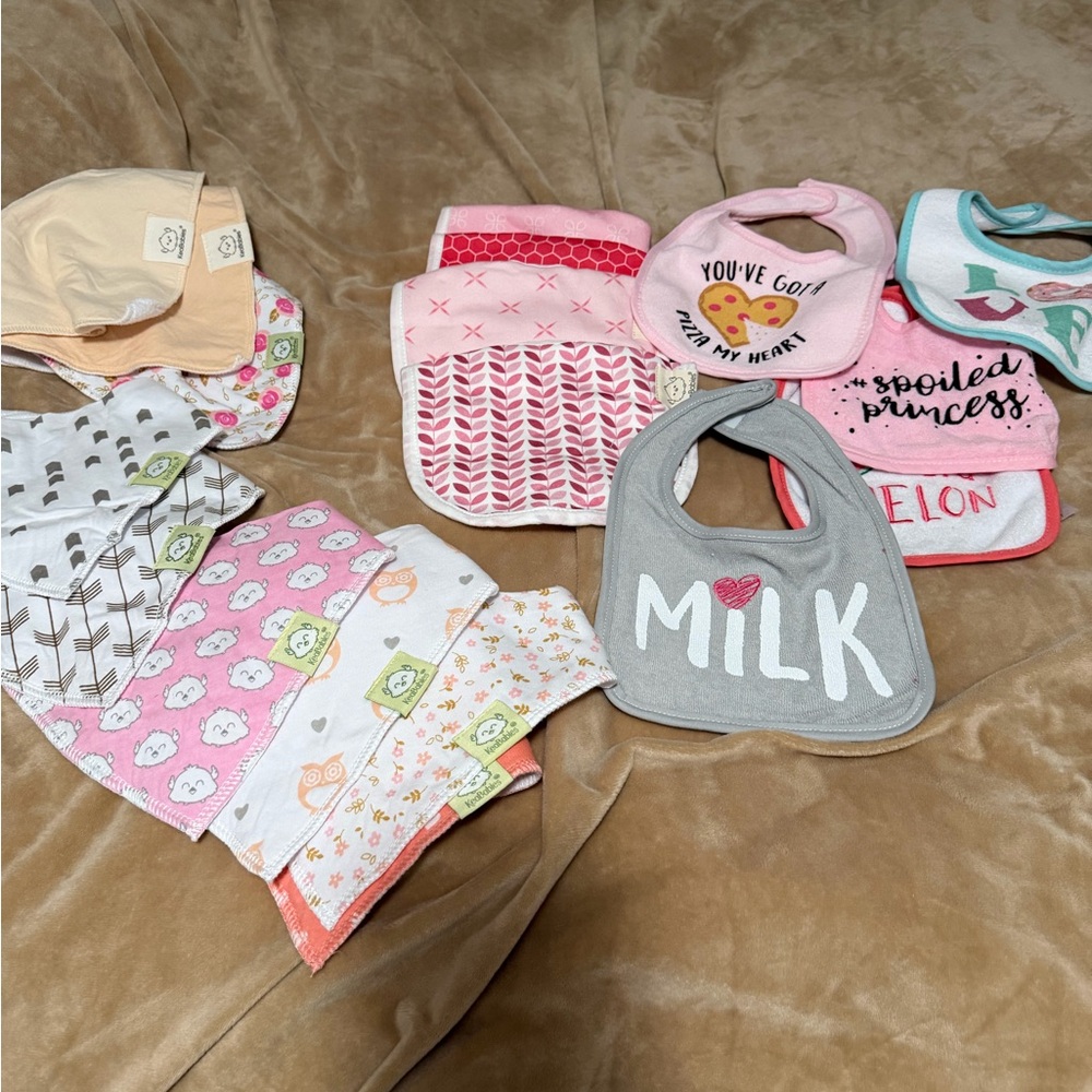 Assorted Baby Girl Bib Large Lot - Pink, Gray, Cream NEW